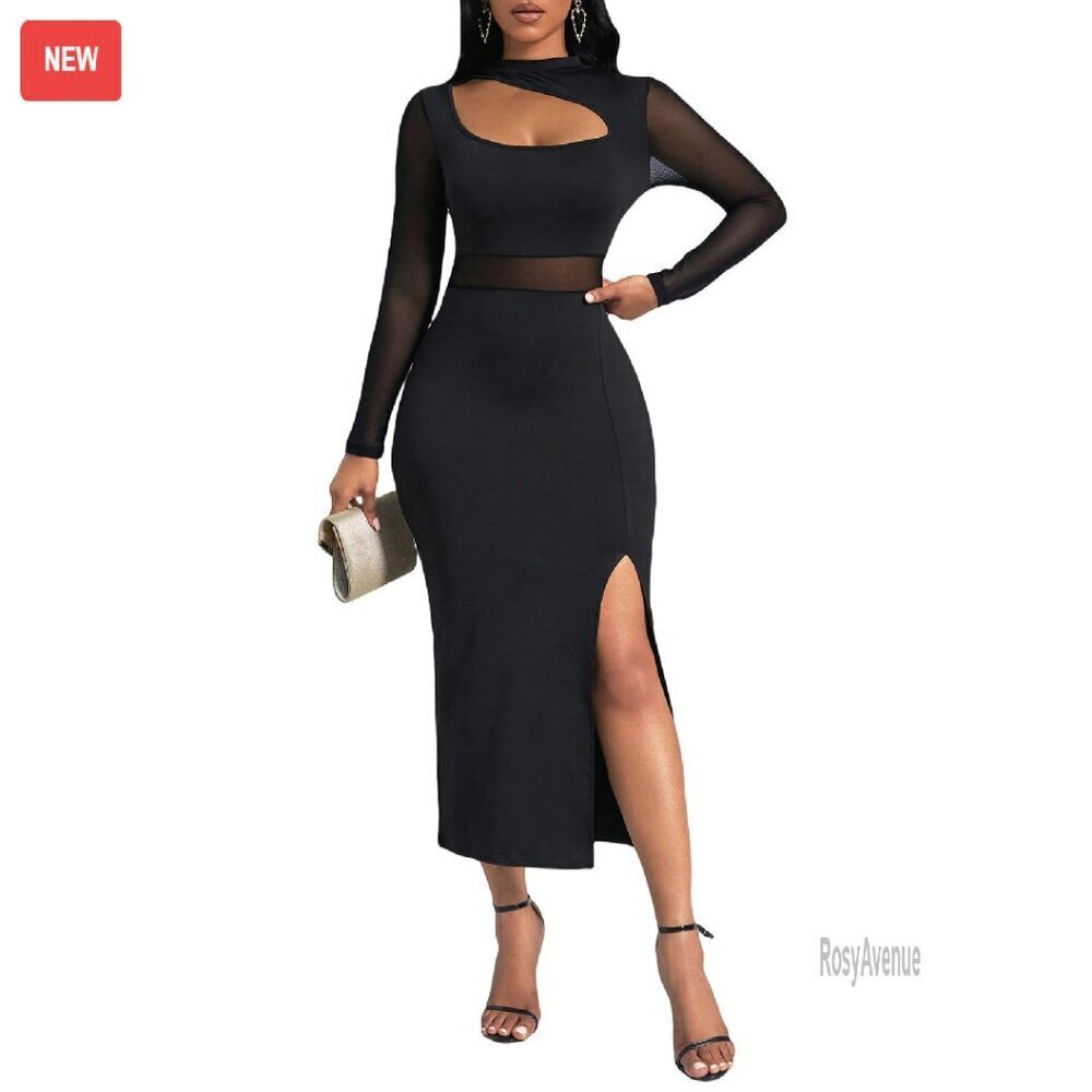 Mock Neck Mesh Bodycon Maxi Dress with Cut Out & Slit Hem